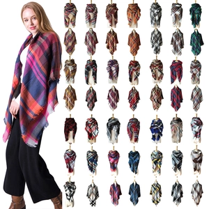 Colorful plaid cashmere-like scarf with tassels shown in various patterns and on model