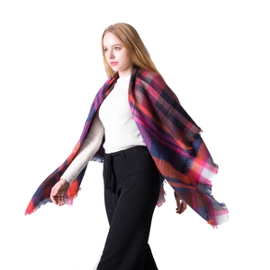 Colorful plaid cashmere-like oversized scarf shawl with fringe for autumn and winter