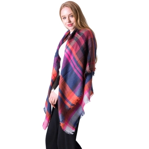 Colorful plaid cashmere-feel scarf with tassels in purple, orange, and navy for autumn winter