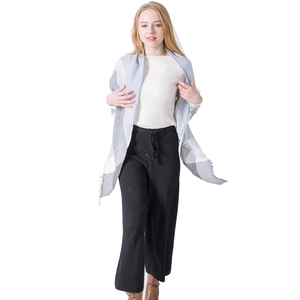 Elegant grey and white oversized plaid cashmere scarf with fringes for autumn and winter
