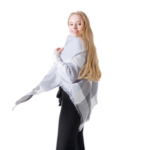 Classic light grey and white plaid cashmere-like triangle scarf with soft fringe tassels