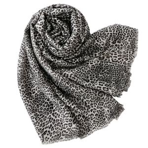 Classic leopard print cotton linen scarf with soft fringe edges in black and grey