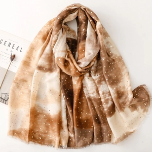 Gradient brown cotton linen scarf with gold foil details and natural fringe