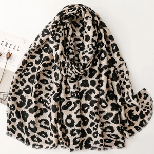 Leopard Print Scarf Shawl Women Long Polyester Cotton Linen Feel Gold Stamping Frayed Edge Retro Fashion