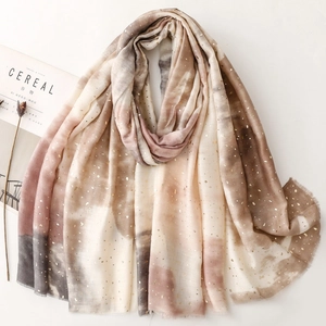 Tie-dye gradient cotton-linen shawl with gold foil accents and fringe tassels