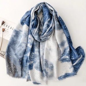 Blue and white gradient cotton linen scarf with gold foil dots and frayed edges