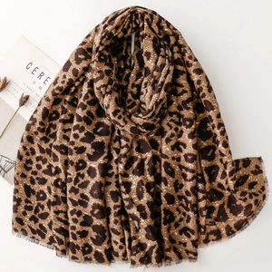 Satin cotton linen scarf with leopard print and frayed edges in coffee brown tones