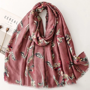 Elegant burgundy cotton-linen scarf with yellow floral prints and frayed edges