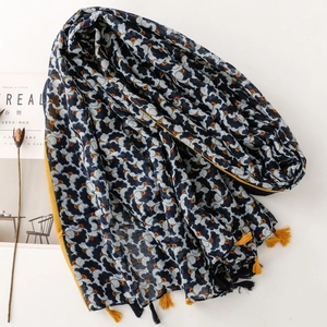 Bohemian navy blue cotton linen scarf with ginkgo leaf patterns and tassels for sun protection