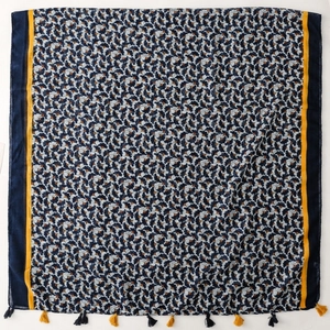 Bohemian navy ginkgo leaf linen scarf with yellow tassels for beach vacation shawl