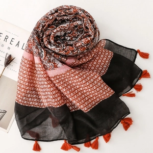 Bohemian paisley and geometric linen-feel scarf with tassels for beach travel and sun protection