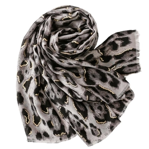 Grey leopard print shawl with gold thread jacquard and fringe edges for women