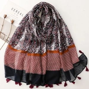 Bohemian paisley and geometric linen-feel scarf with fringes for beach vacations