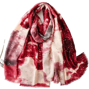 Elegant red and burgundy gradient cotton linen scarf with gold foil and fringe details