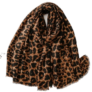 Classic leopard print cotton linen scarf with soft fringe edges for women accessories