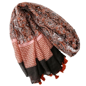 Bohemian paisley and geometric pattern shawl with colorful fringe for beach vacation