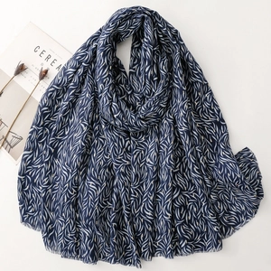 Navy blue cotton linen scarf with white leaf print and gold foil geometric accents