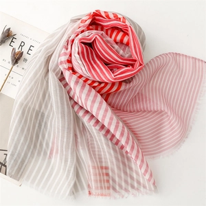 Retro red and grey striped cotton linen feel scarf with frayed edges and thin tassels