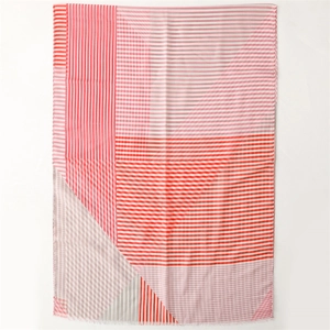 Red striped cotton linen scarf with geometric patterns and fringe tassels for sun protection
