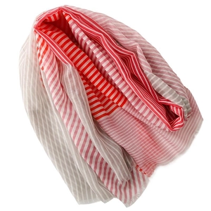 Red and white striped cotton-linen shawl with fringe detail and lightweight texture