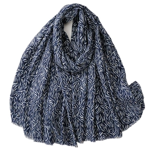 Navy cotton linen scarf with white leaf print and gold metallic stripes and frayed edges
