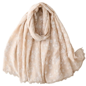 Beige floral cotton-linen scarf with white flower patterns and delicate lace edges