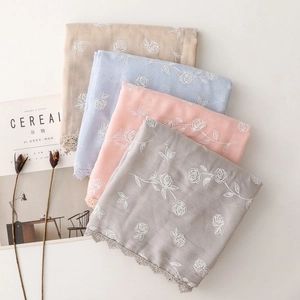 Écharpe Broderie Rose Femme Bordure En Dentelle Sensation Coton Lin Châle Long Doux Protection Solaire