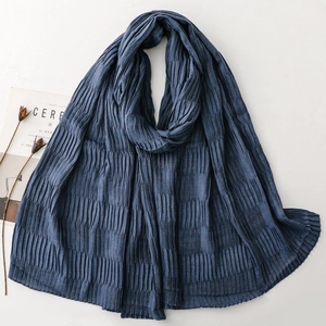 Navy blue pleated scarf for women with soft texture and minimalist aesthetic design