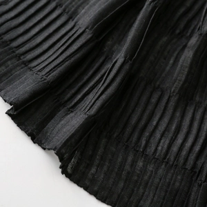 Macro detail of black pleated textured fabric showing fine vertical accordion folds