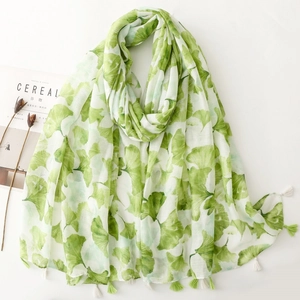 Women Scarf Shawl Polyester Voile Ginkgo Leaf Print Tassel Fringe Bohemian Ethnic Style Sun Protection Beach Vacation Fresh