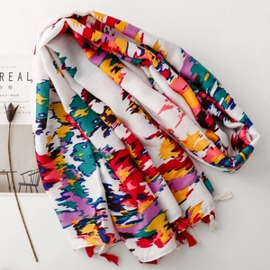 Artistic colorful graffiti print shawl with fringes and vintage geometric color blocks