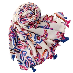 Ethnic floral scarf in light beige with blue tassels and colorful vintage pattern