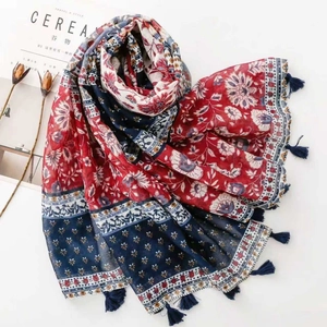 Ethnic floral print scarf with blue tassels, red and navy geometric bohemian style