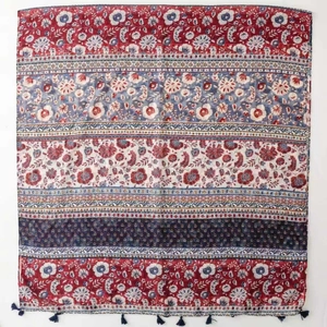Ethnic bohemian shawl with vintage floral patterns and navy tassels for women