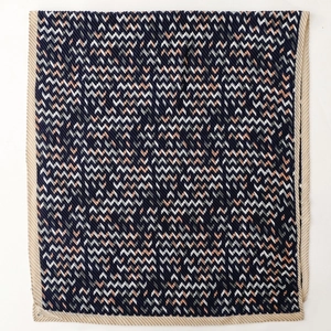 Pleated scarf with navy and coral chevron pattern and textured scalloped edges
