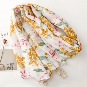 Floral cotton linen feel scarf with yellow flowers and fringe tassels for women