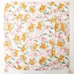 Floral print cotton-linen shawl with pink blossoms, golden flowers and fringe trim