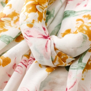 Close-up of ink floral print fabric showing detailed soft cotton linen texture
