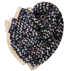Navy blue and pink pleated scarf with geometric zigzag patterns for women
