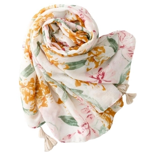 Floral print cotton linen scarf with elegant ink flowers and beige corner tassels