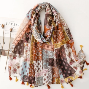 Écharpe Châle Ethnique Bohème Polyester Voile Sensation Coton Lin Glands Imprimé Floral Paisley Plage Vacances Femmes