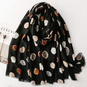 Black lightweight scarf with colorful gold foil polka dots and fringe details for women