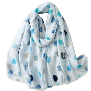 Light blue scarf with gold foil dots and fringe edges, elegant summer shawl wrap