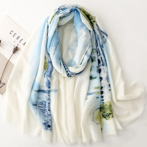 Abstract watercolor print silk scarf with architectural patterns and frayed edges