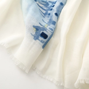 Close-up of soft satin scarf showing architectural print and delicate frayed edges