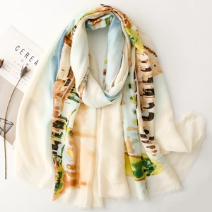Abstract watercolor print scarf with Roman holiday architectural pattern and fringed edges
