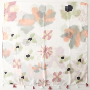 Elegant watercolor floral cotton scarf with pink and white tassels on a clean white backdrop