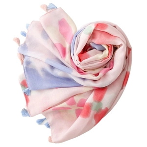Pink heart-shaped cotton linen scarf with blue floral print and fringed tassels