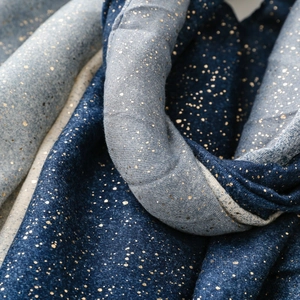 Vue détaillée de l'écharpe bleu marine avec points dorés et texture de tissu doux