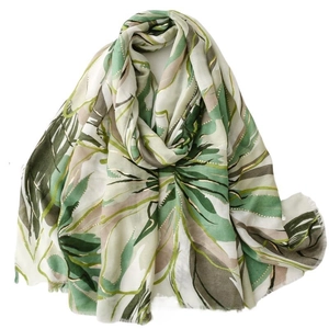 Elegant satin floral scarf with gold foil accents and leaf patterns for women